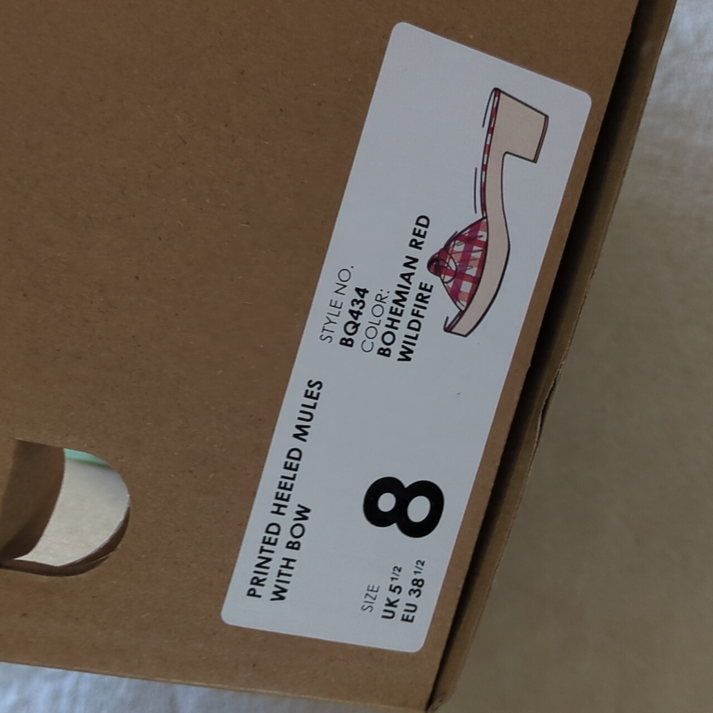 J. Crew Printed Plaid Clog Bow Heels Sandals Slide Sz 8 New Box Red White Purple - Picture 4 of 13